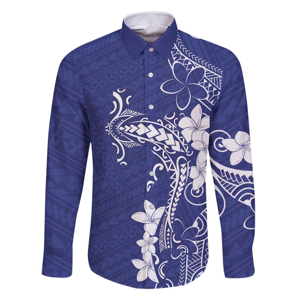 Blue Hawaii Family Matching Mermaid Dress and Hawaiian Shirt Hammerhead Shark Tattoo Curve Polynesian LT14 Dad's Shirt - Long Sleeve Blue - Polynesian Pride