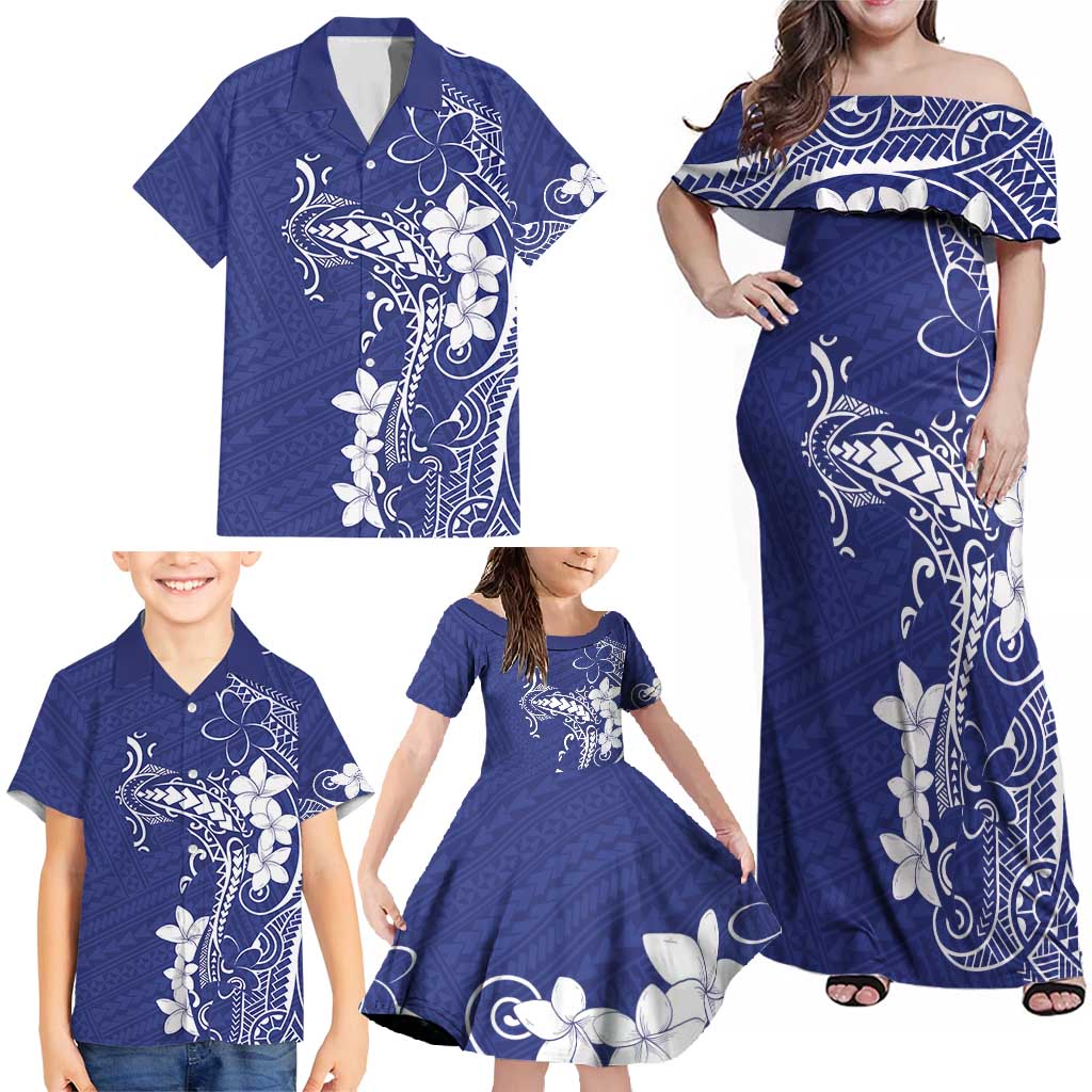 Blue Hawaii Family Matching Off Shoulder Maxi Dress and Hawaiian Shirt Hammerhead Shark Tattoo Curve Polynesian LT14 - Polynesian Pride