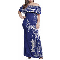 Blue Hawaii Family Matching Off Shoulder Maxi Dress and Hawaiian Shirt Hammerhead Shark Tattoo Curve Polynesian LT14 Mom's Dress Blue - Polynesian Pride
