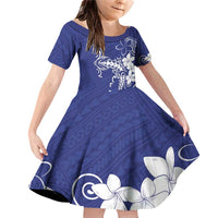 Blue Hawaii Family Matching Off Shoulder Short Dress and Hawaiian Shirt Hammerhead Shark Tattoo Curve Polynesian LT14 Daughter's Dress Blue - Polynesian Pride