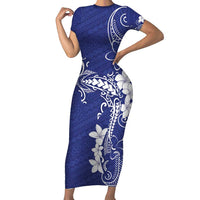 Blue Hawaii Family Matching Short Sleeve Bodycon Dress and Hawaiian Shirt Hammerhead Shark Tattoo Curve Polynesian LT14 Mom's Dress Blue - Polynesian Pride
