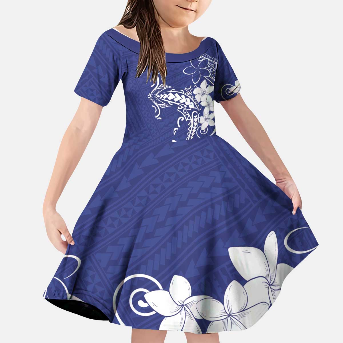 Blue Hawaii Kid Short Sleeve Dress Hammerhead Shark Tattoo Curve Polynesian - Polynesian Pride