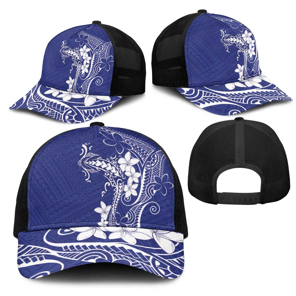 Blue Hawaii Mesh Trucker Cap Hammerhead Shark Tattoo Curve Polynesian - Polynesian Pride