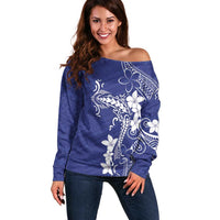 Blue Hawaii Off Shoulder Sweater Hammerhead Shark Tattoo Curve Polynesian LT14 Women Blue - Polynesian Pride
