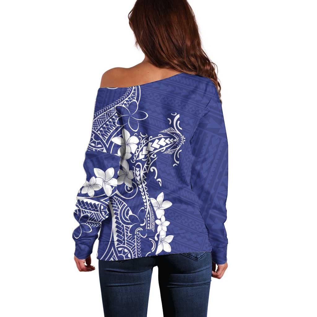 Blue Hawaii Off Shoulder Sweater Hammerhead Shark Tattoo Curve Polynesian LT14 - Polynesian Pride