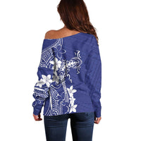 Blue Hawaii Off Shoulder Sweater Hammerhead Shark Tattoo Curve Polynesian LT14 - Polynesian Pride