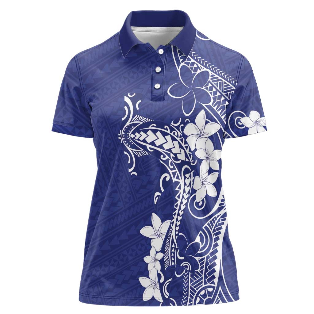 Blue Hawaii Women Polo Shirt Hammerhead Shark Tattoo Curve Polynesian - Polynesian Pride
