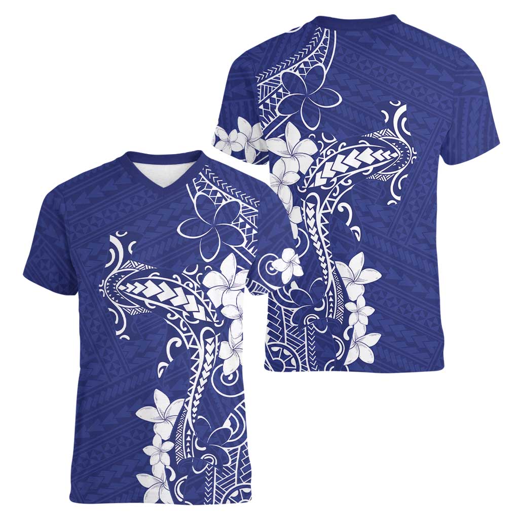 Blue Hawaii Women V-Neck T-Shirt Hammerhead Shark Tattoo Curve Polynesian LT14 - Polynesian Pride