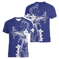 Blue Hawaii Women V-Neck T-Shirt Hammerhead Shark Tattoo Curve Polynesian LT14 - Polynesian Pride