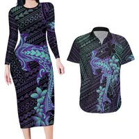 Purple Paradise Hawaii Couples Matching Long Sleeve Bodycon Dress and Hawaiian Shirt Hammerhead Shark Tattoo Curve Polynesian LT14 Purple - Polynesian Pride