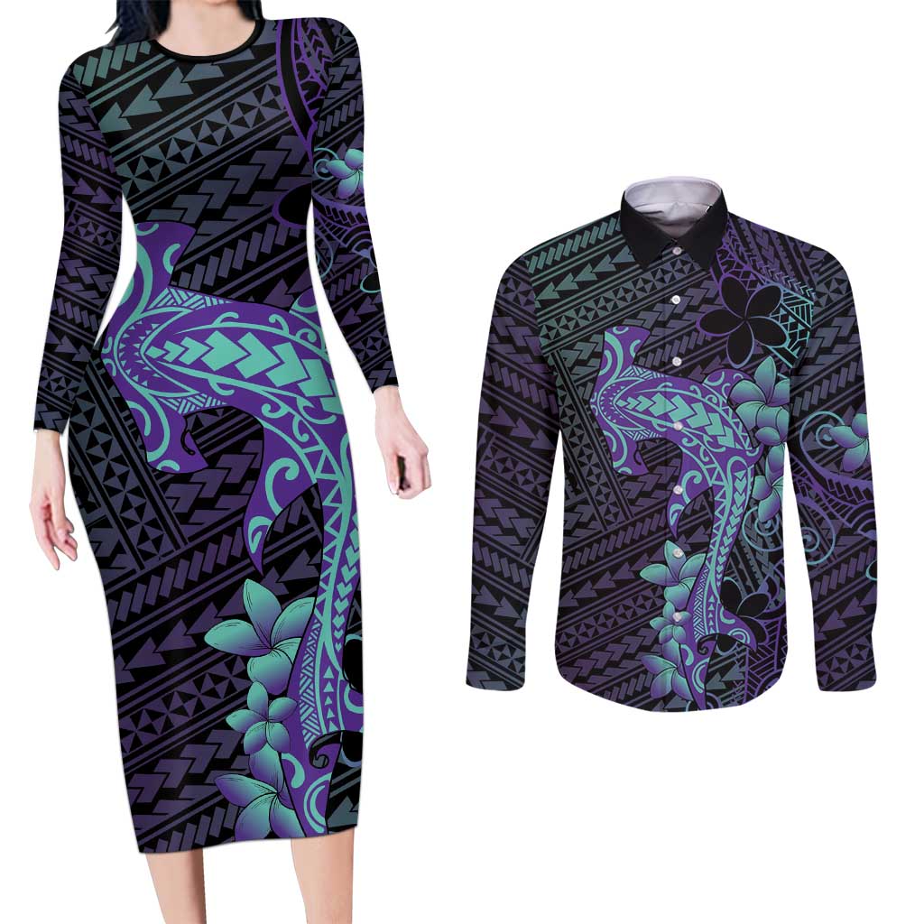Purple Paradise Hawaii Couples Matching Long Sleeve Bodycon Dress and Long Sleeve Button Shirt Hammerhead Shark Tattoo Curve Polynesian LT14 Purple - Polynesian Pride