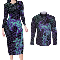 Purple Paradise Hawaii Couples Matching Long Sleeve Bodycon Dress and Long Sleeve Button Shirt Hammerhead Shark Tattoo Curve Polynesian LT14 Purple - Polynesian Pride
