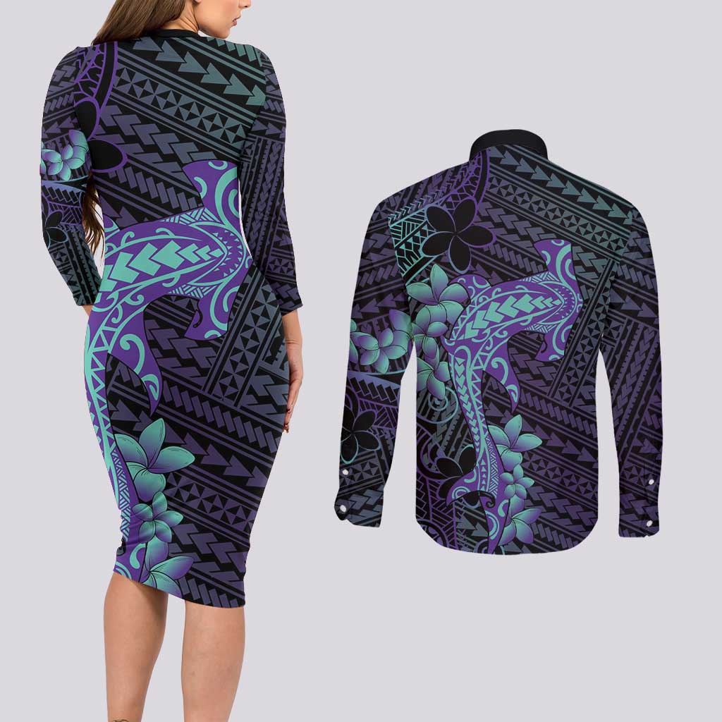 Purple Paradise Hawaii Couples Matching Long Sleeve Bodycon Dress and Long Sleeve Button Shirt Hammerhead Shark Tattoo Curve Polynesian LT14 - Polynesian Pride