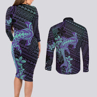 Purple Paradise Hawaii Couples Matching Long Sleeve Bodycon Dress and Long Sleeve Button Shirt Hammerhead Shark Tattoo Curve Polynesian LT14 - Polynesian Pride