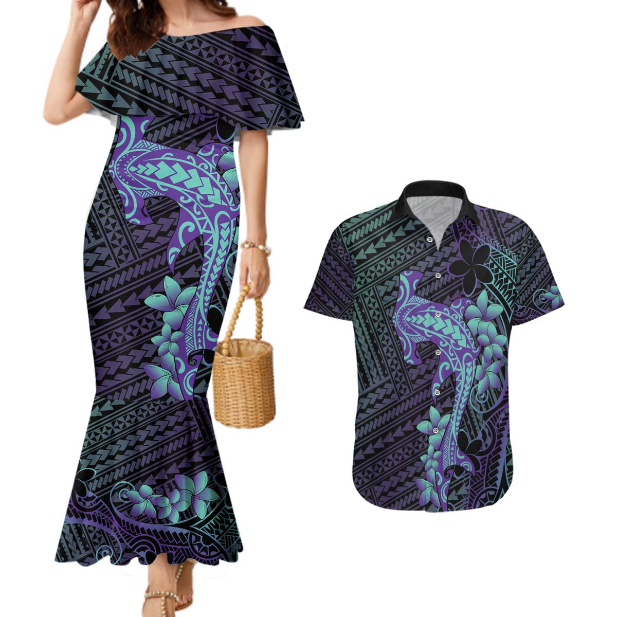 Purple Paradise Hawaii Couples Matching Mermaid Dress and Hawaiian Shirt Hammerhead Shark Tattoo Curve Polynesian LT14 Purple - Polynesian Pride