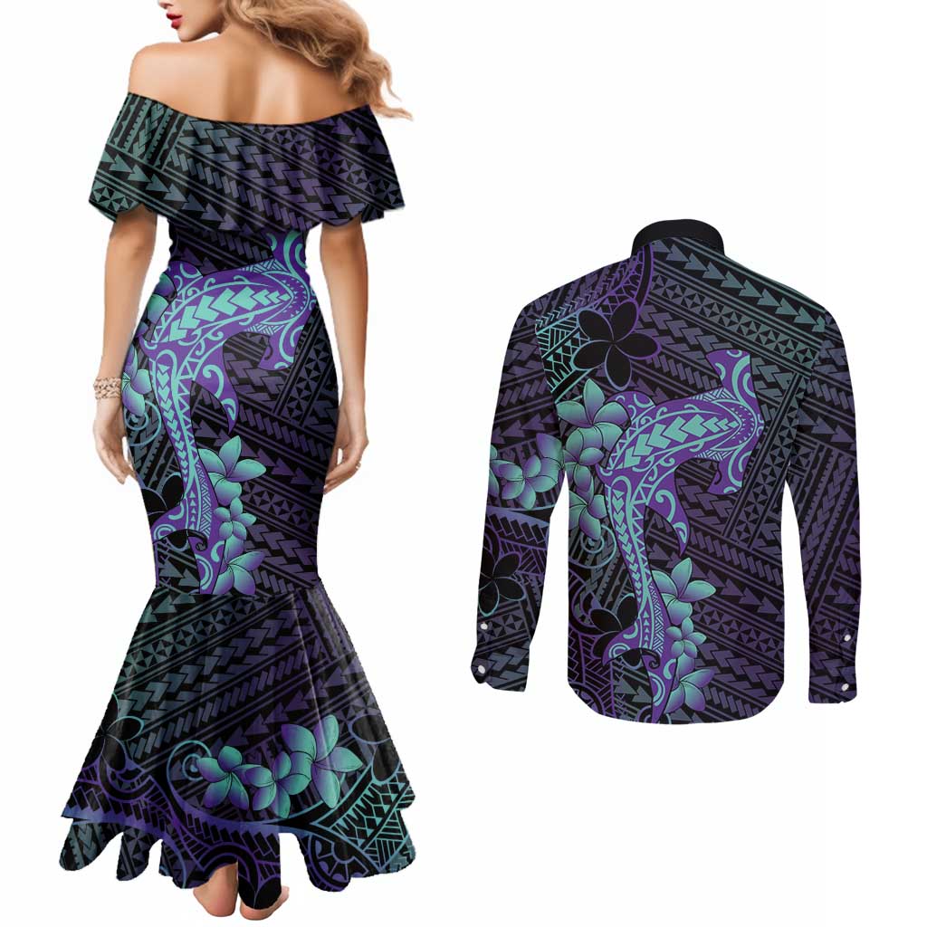 Purple Paradise Hawaii Couples Matching Mermaid Dress and Long Sleeve Button Shirt Hammerhead Shark Tattoo Curve Polynesian LT14 - Polynesian Pride