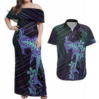 Purple Paradise Hawaii Couples Matching Off Shoulder Maxi Dress and Hawaiian Shirt Hammerhead Shark Tattoo Curve Polynesian LT14 Purple - Polynesian Pride