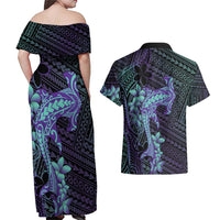 Purple Paradise Hawaii Couples Matching Off Shoulder Maxi Dress and Hawaiian Shirt Hammerhead Shark Tattoo Curve Polynesian LT14 - Polynesian Pride