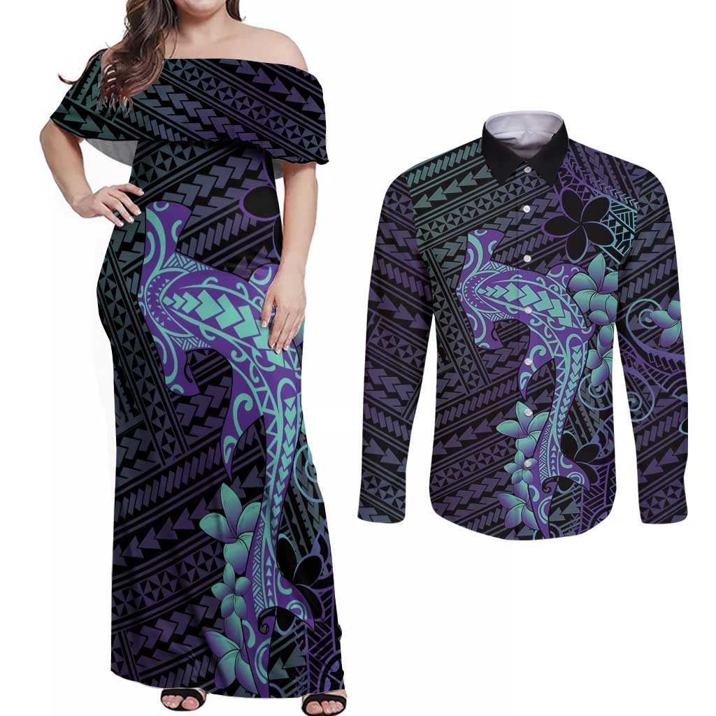 Purple Paradise Hawaii Couples Matching Off Shoulder Maxi Dress and Long Sleeve Button Shirt Hammerhead Shark Tattoo Curve Polynesian LT14 Purple - Polynesian Pride
