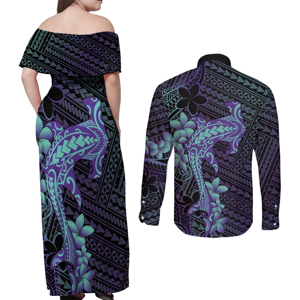 Purple Paradise Hawaii Couples Matching Off Shoulder Maxi Dress and Long Sleeve Button Shirt Hammerhead Shark Tattoo Curve Polynesian LT14 - Polynesian Pride