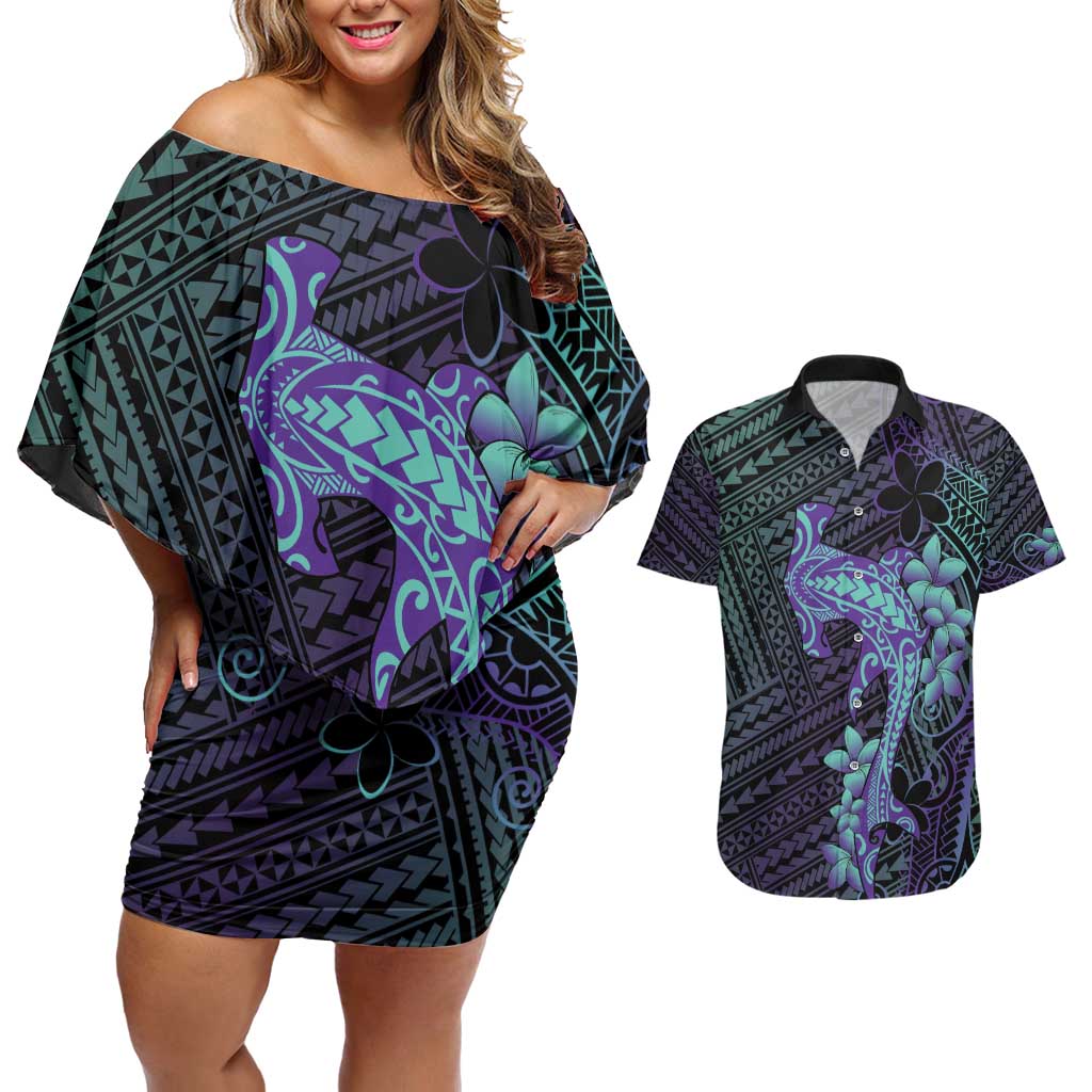 Purple Paradise Hawaii Couples Matching Off Shoulder Short Dress and Hawaiian Shirt Hammerhead Shark Tattoo Curve Polynesian LT14 Purple - Polynesian Pride