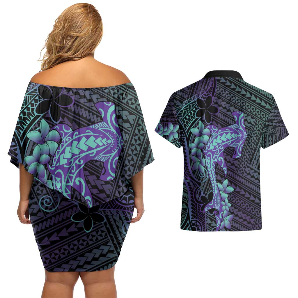 Purple Paradise Hawaii Couples Matching Off Shoulder Short Dress and Hawaiian Shirt Hammerhead Shark Tattoo Curve Polynesian LT14 - Polynesian Pride