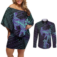 Purple Paradise Hawaii Couples Matching Off Shoulder Short Dress and Long Sleeve Button Shirt Hammerhead Shark Tattoo Curve Polynesian LT14 Purple - Polynesian Pride