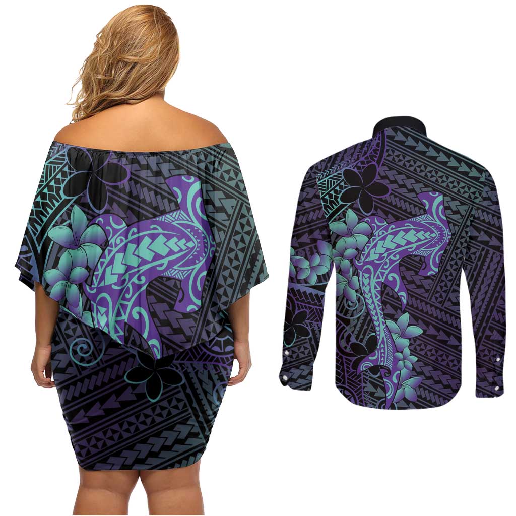 Purple Paradise Hawaii Couples Matching Off Shoulder Short Dress and Long Sleeve Button Shirt Hammerhead Shark Tattoo Curve Polynesian LT14 - Polynesian Pride