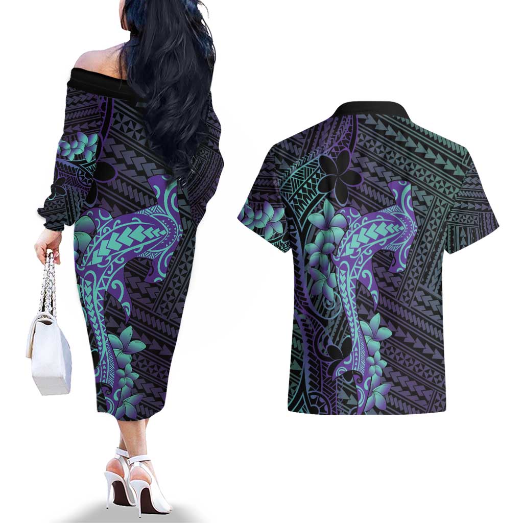 Purple Paradise Hawaii Couples Matching Off The Shoulder Long Sleeve Dress and Hawaiian Shirt Hammerhead Shark Tattoo Curve Polynesian LT14 - Polynesian Pride