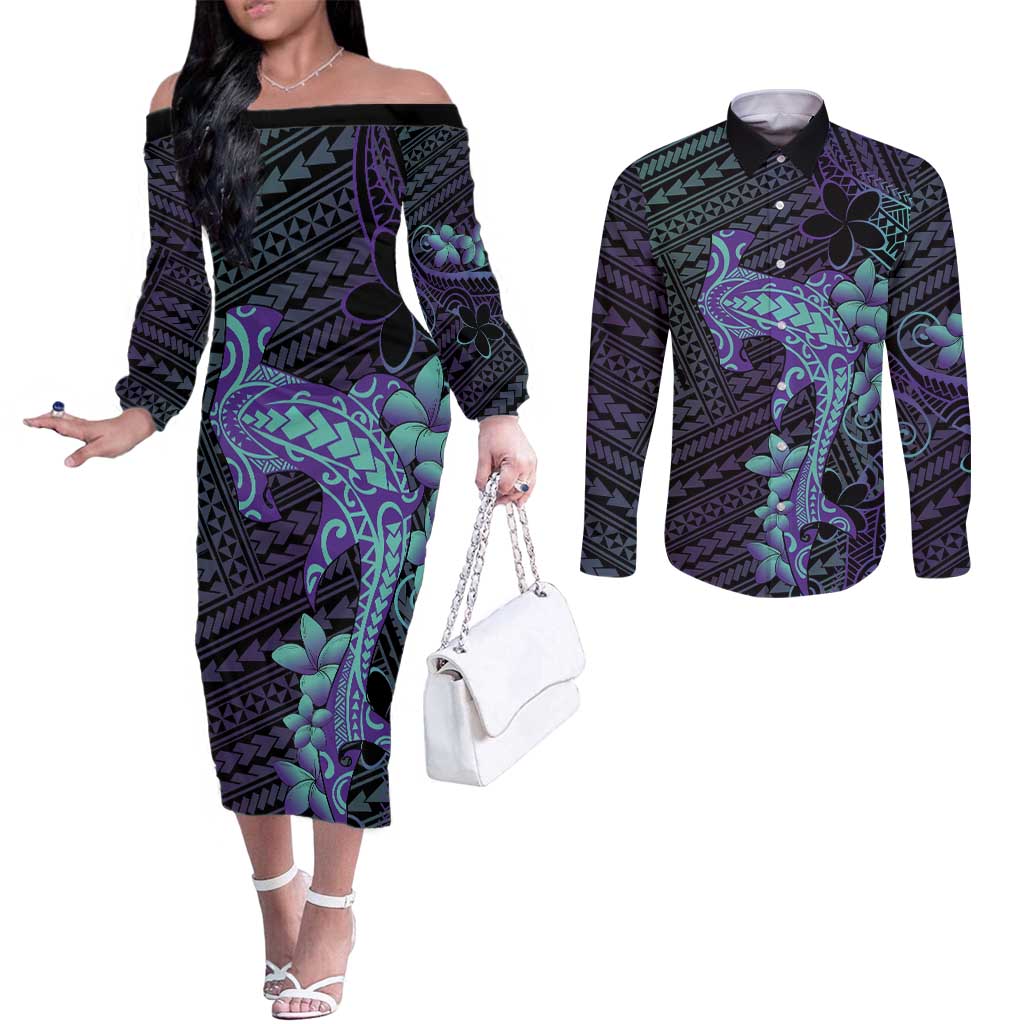 Purple Paradise Hawaii Couples Matching Off The Shoulder Long Sleeve Dress and Long Sleeve Button Shirt Hammerhead Shark Tattoo Curve Polynesian LT14 Purple - Polynesian Pride