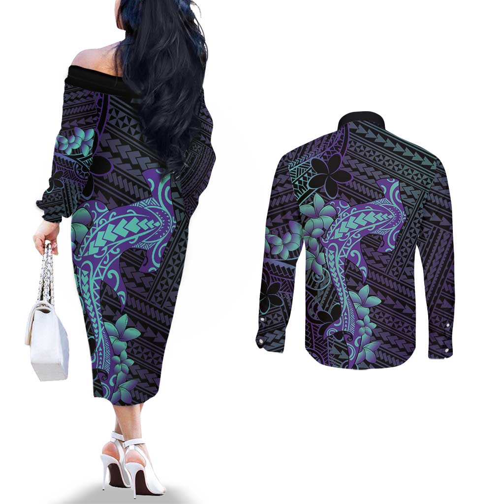 Purple Paradise Hawaii Couples Matching Off The Shoulder Long Sleeve Dress and Long Sleeve Button Shirt Hammerhead Shark Tattoo Curve Polynesian LT14 - Polynesian Pride