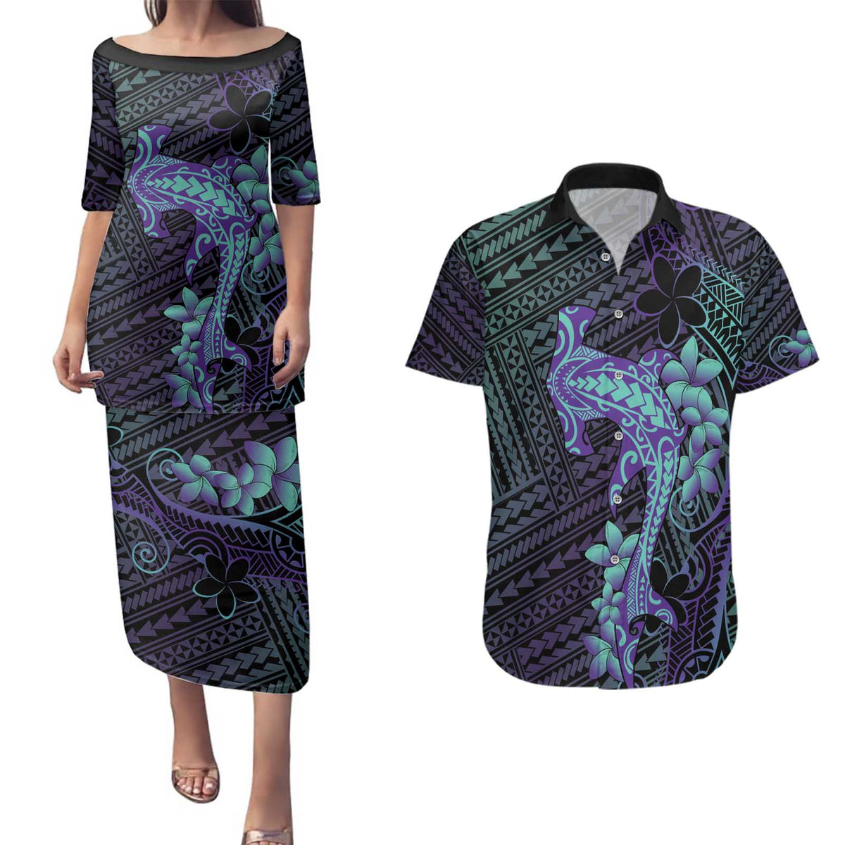 Purple Paradise Hawaii Couples Matching Puletasi and Hawaiian Shirt Hammerhead Shark Tattoo Curve Polynesian LT14 Purple - Polynesian Pride