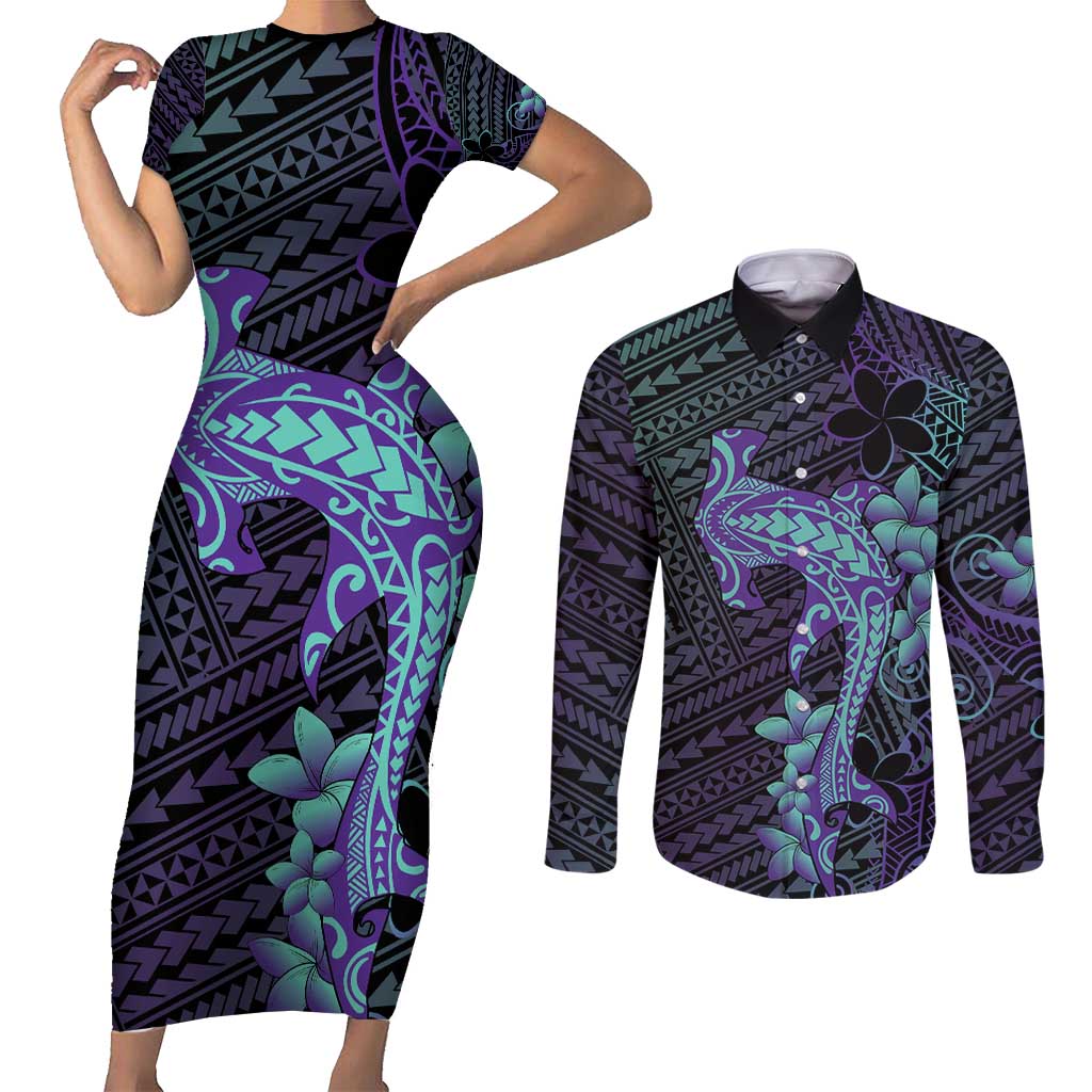 Purple Paradise Hawaii Couples Matching Short Sleeve Bodycon Dress and Long Sleeve Button Shirt Hammerhead Shark Tattoo Curve Polynesian LT14 Purple - Polynesian Pride