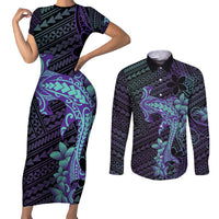 Purple Paradise Hawaii Couples Matching Short Sleeve Bodycon Dress and Long Sleeve Button Shirt Hammerhead Shark Tattoo Curve Polynesian LT14 Purple - Polynesian Pride