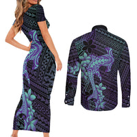 Purple Paradise Hawaii Couples Matching Short Sleeve Bodycon Dress and Long Sleeve Button Shirt Hammerhead Shark Tattoo Curve Polynesian LT14 - Polynesian Pride