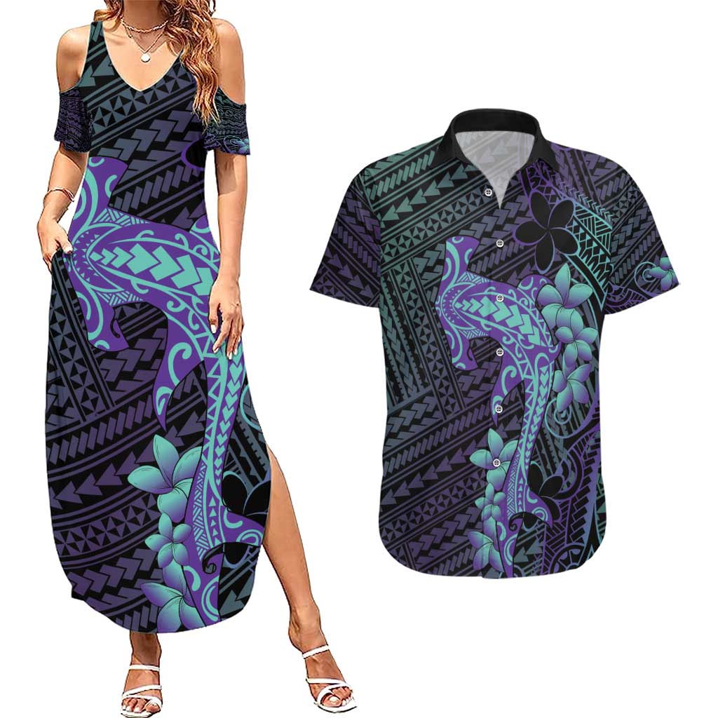 Purple Paradise Hawaii Couples Matching Summer Maxi Dress and Hawaiian Shirt Hammerhead Shark Tattoo Curve Polynesian LT14 Purple - Polynesian Pride