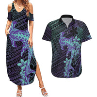 Purple Paradise Hawaii Couples Matching Summer Maxi Dress and Hawaiian Shirt Hammerhead Shark Tattoo Curve Polynesian LT14 Purple - Polynesian Pride