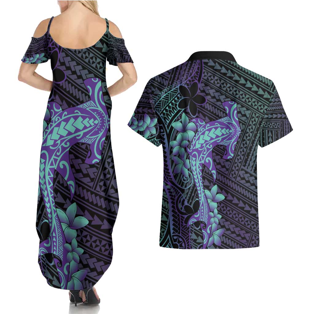 Purple Paradise Hawaii Couples Matching Summer Maxi Dress and Hawaiian Shirt Hammerhead Shark Tattoo Curve Polynesian LT14 - Polynesian Pride
