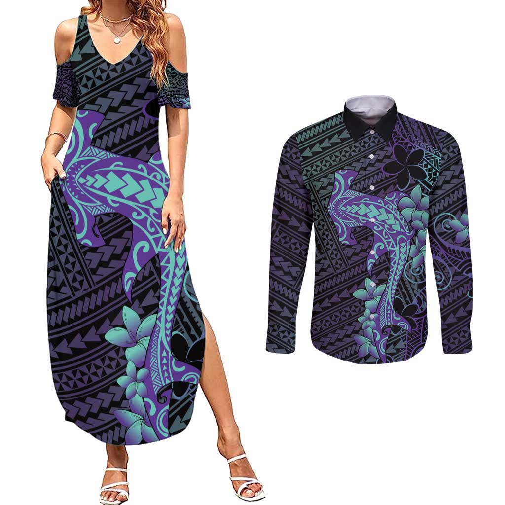 Purple Paradise Hawaii Couples Matching Summer Maxi Dress and Long Sleeve Button Shirt Hammerhead Shark Tattoo Curve Polynesian LT14 Purple - Polynesian Pride