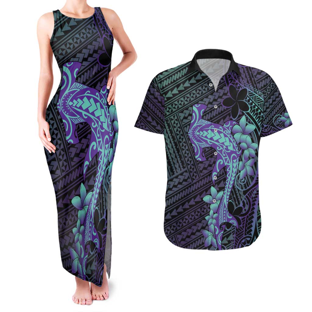 Purple Paradise Hawaii Couples Matching Tank Maxi Dress and Hawaiian Shirt Hammerhead Shark Tattoo Curve Polynesian LT14 Purple - Polynesian Pride