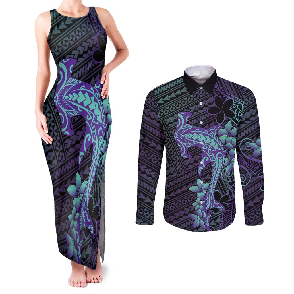 Purple Paradise Hawaii Couples Matching Tank Maxi Dress and Long Sleeve Button Shirt Hammerhead Shark Tattoo Curve Polynesian LT14 Purple - Polynesian Pride