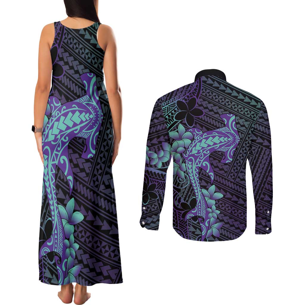 Purple Paradise Hawaii Couples Matching Tank Maxi Dress and Long Sleeve Button Shirt Hammerhead Shark Tattoo Curve Polynesian LT14 - Polynesian Pride