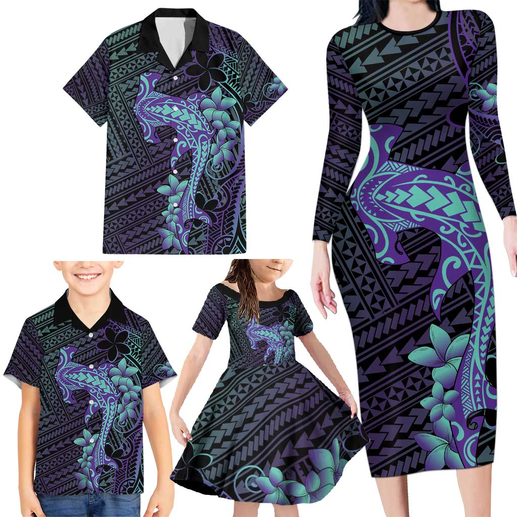 Purple Paradise Hawaii Family Matching Long Sleeve Bodycon Dress and Hawaiian Shirt Hammerhead Shark Tattoo Curve Polynesian LT14 - Polynesian Pride