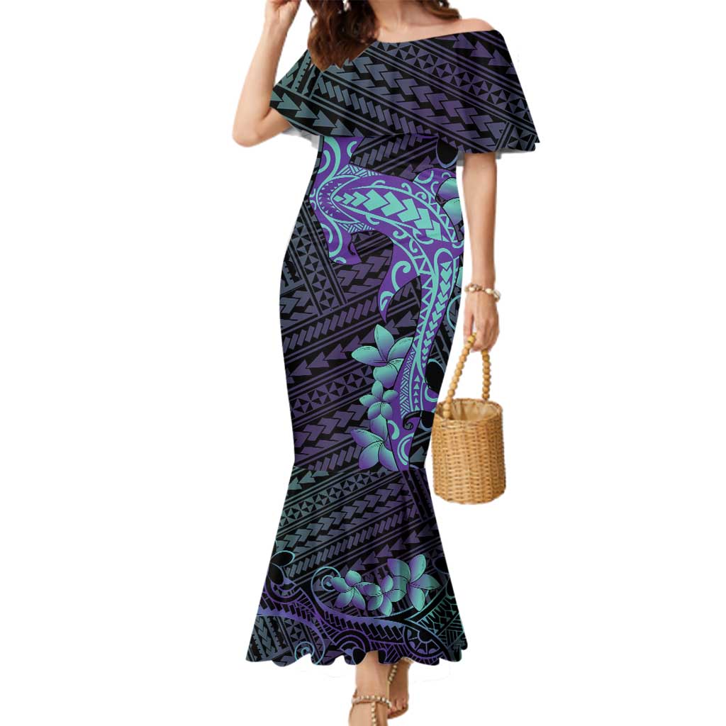 Purple Paradise Hawaii Family Matching Mermaid Dress and Hawaiian Shirt Hammerhead Shark Tattoo Curve Polynesian LT14 Mom's Dress Purple - Polynesian Pride