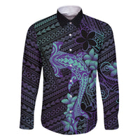 Purple Paradise Hawaii Family Matching Off The Shoulder Long Sleeve Dress and Hawaiian Shirt Hammerhead Shark Tattoo Curve Polynesian LT14 Dad's Shirt - Long Sleeve Purple - Polynesian Pride