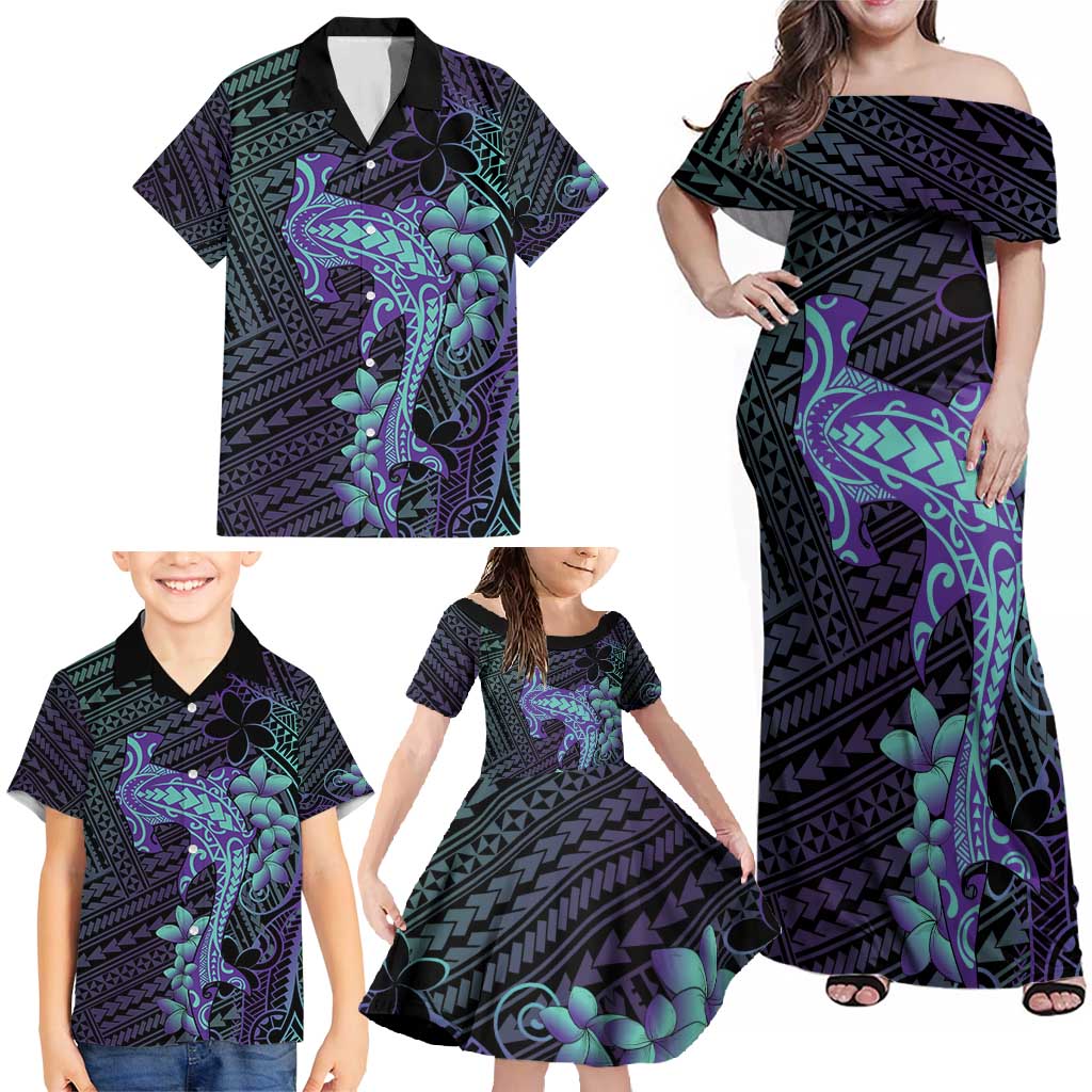 Purple Paradise Hawaii Family Matching Off Shoulder Maxi Dress and Hawaiian Shirt Hammerhead Shark Tattoo Curve Polynesian LT14 - Polynesian Pride