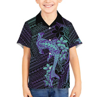 Purple Paradise Hawaii Family Matching Off Shoulder Maxi Dress and Hawaiian Shirt Hammerhead Shark Tattoo Curve Polynesian LT14 Son's Shirt Purple - Polynesian Pride