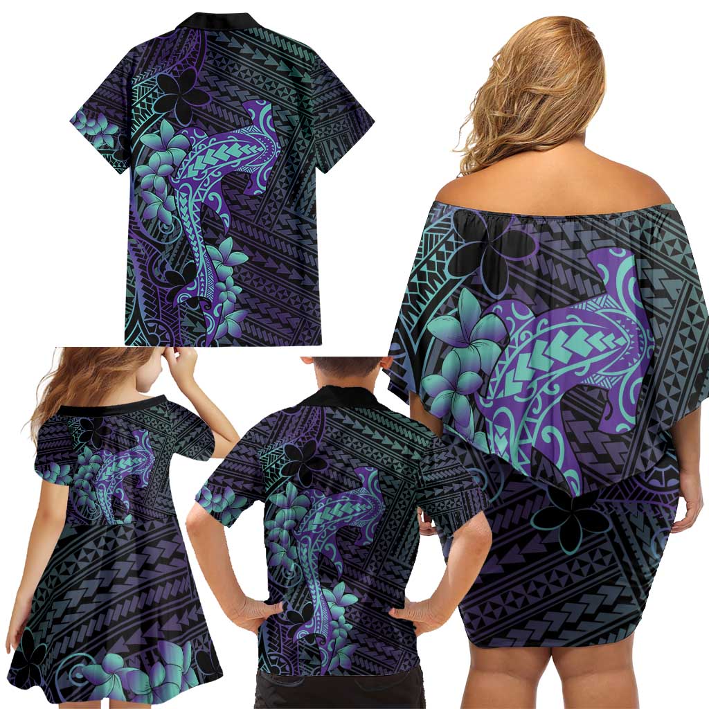 Purple Paradise Hawaii Family Matching Off Shoulder Short Dress and Hawaiian Shirt Hammerhead Shark Tattoo Curve Polynesian LT14 - Polynesian Pride