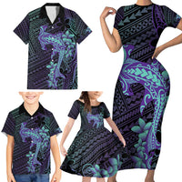 Purple Paradise Hawaii Family Matching Short Sleeve Bodycon Dress and Hawaiian Shirt Hammerhead Shark Tattoo Curve Polynesian LT14 - Polynesian Pride