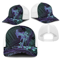 Purple Paradise Hawaii Mesh Trucker Cap Hammerhead Shark Tattoo Curve Polynesian - Polynesian Pride